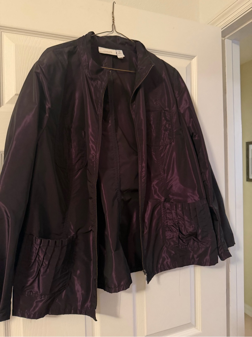 Chico's Shiny Deep Purple Zip-Front Bomber Jacket
